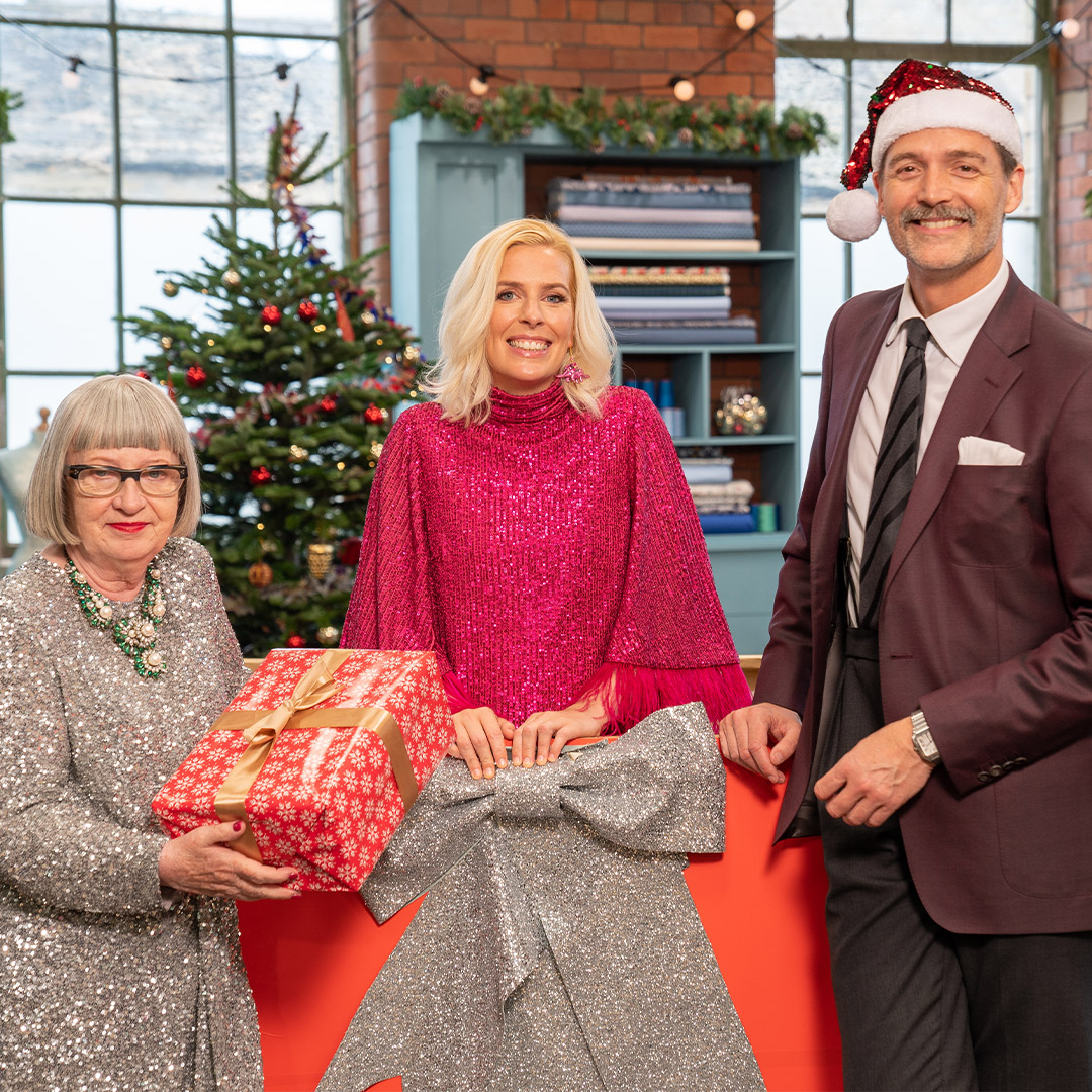 Great British Sewing Bee Celebrity Christmas Special 2022 Judges Esme Young Patrick Grant and presenter Sara Pascoe