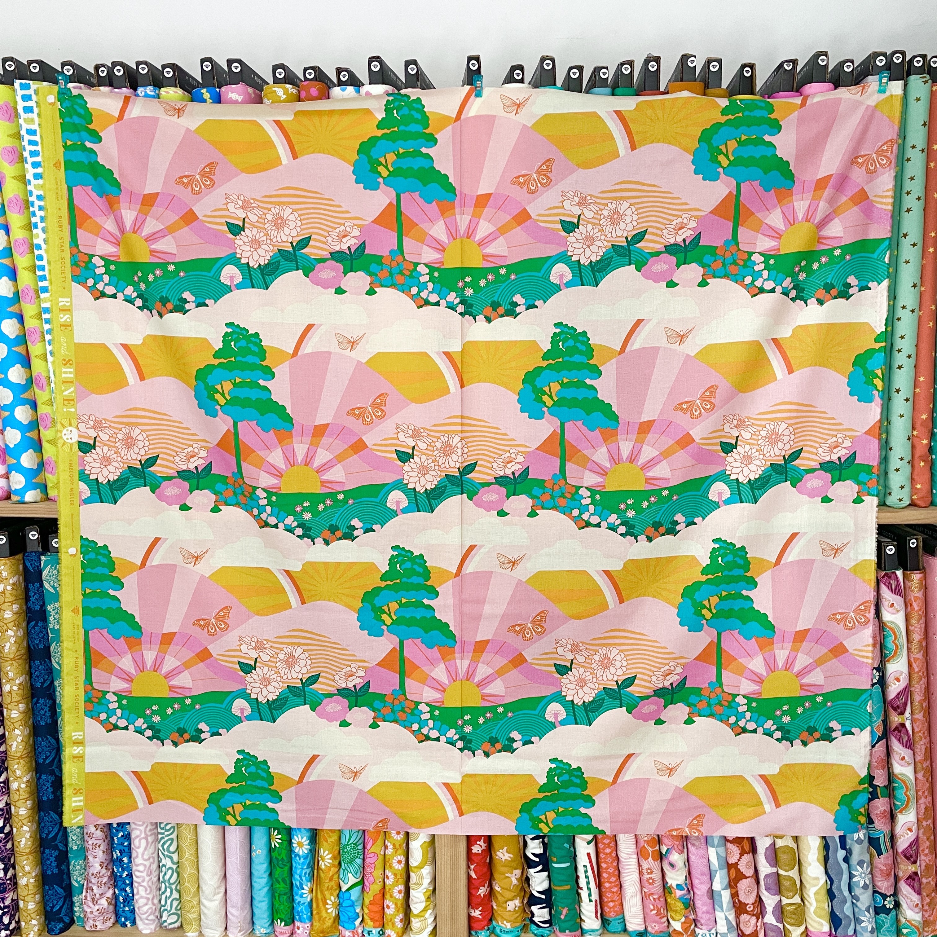 Hello Sunshine June Panel Print from the modern patchwork and quilting fabric collection Rise and Shine designed by Melody Miller for Ruby Star Society